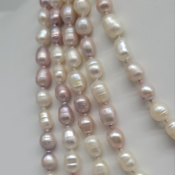 Set of 2 EXTRA LONG Pink and White Ringed Pearl Necklaces 925 silver clasps